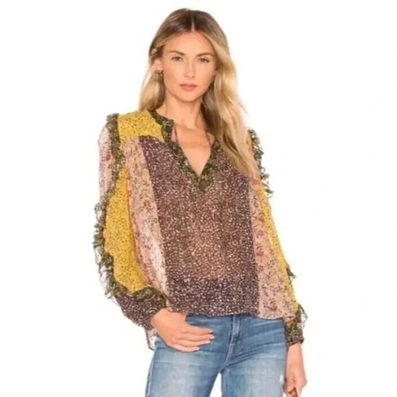 Ulla Johnson Norma Blouse Women's Multicolor Sheer Floral Patchwork Ruffle Boho - Picture 2 of 11